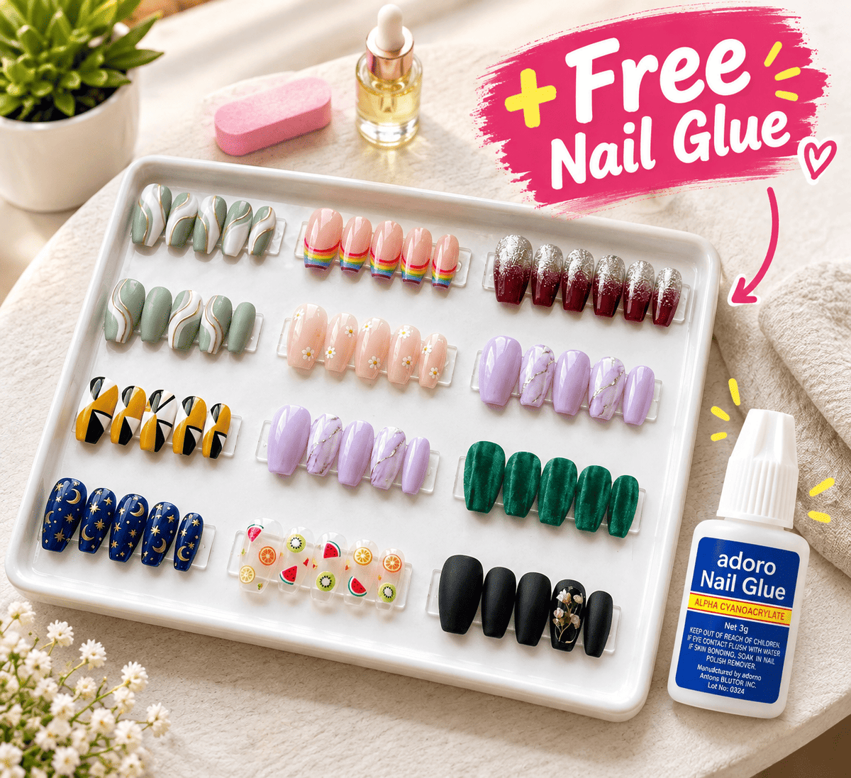 Nude & Minimalist Assortment, Bold & Metallic Press on Nails + Free Nail Glue - BeauNoor